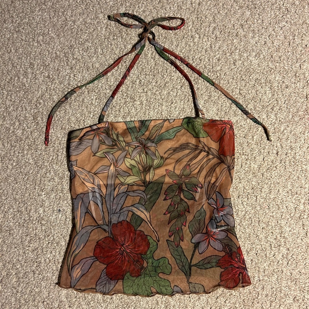 SHEIN ICON Floral Lettuce Trim Mesh Halter Top